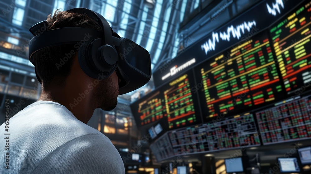 Man in VR Headset Looking at Stock Market Data Man in VR Headset Looking at Stock Market Data