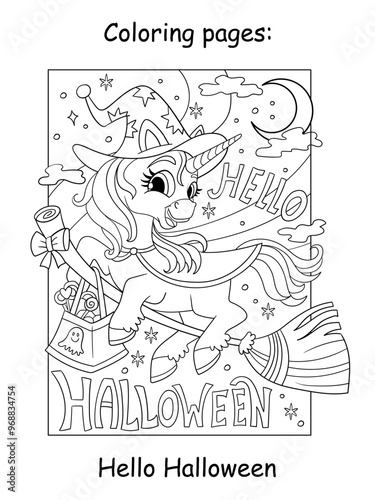 Halloween coloring unicorn witch and lettering vector illustration