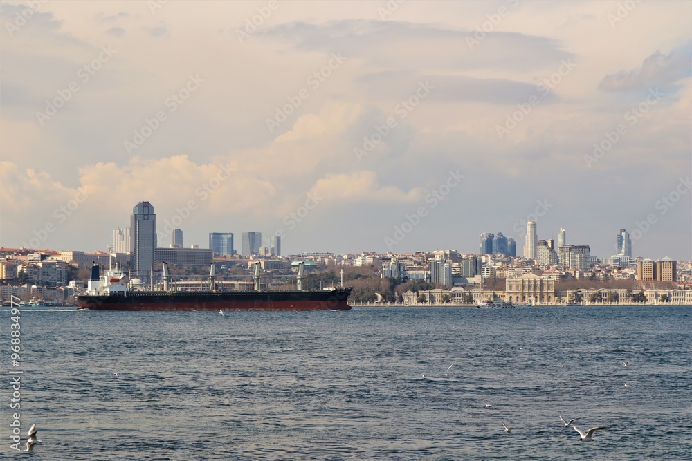 Istanbul, Turkey. Ships in the Strait Bosphorus. Monthly number of vessels moved through İstanbul, about 40,000 passed Istanbul, Bosporus Strait. Istanbul, Turkey. Ships in the Strait Bosphorus. Monthly number of vessels moved through İstanbul, about 40,000 passed Istanbul, Bosporus Strait.