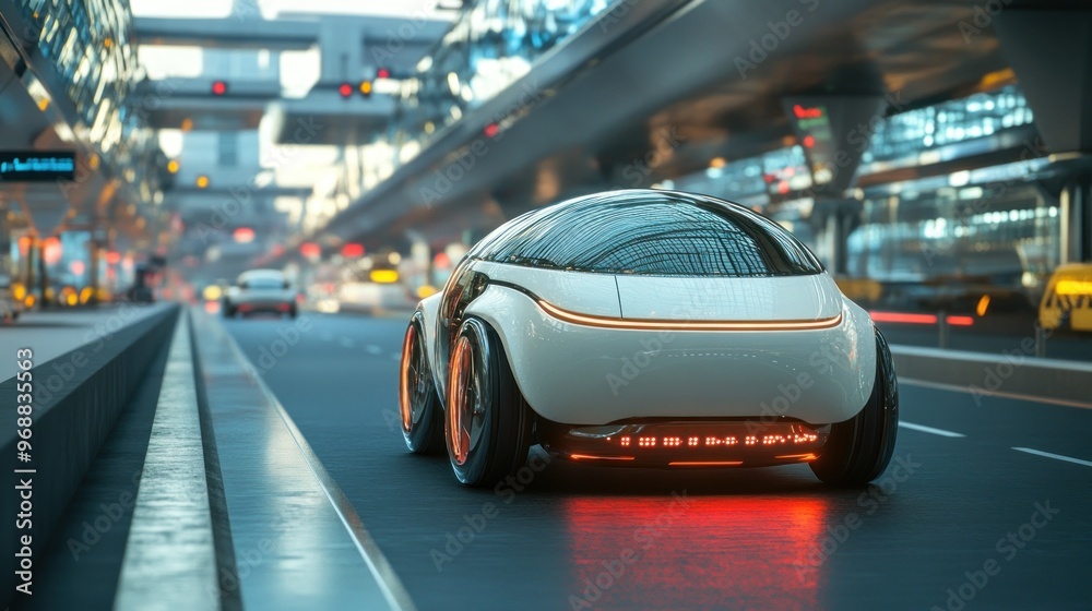 Futuristic White Car Driving on a City Street Futuristic White Car Driving on a City Street