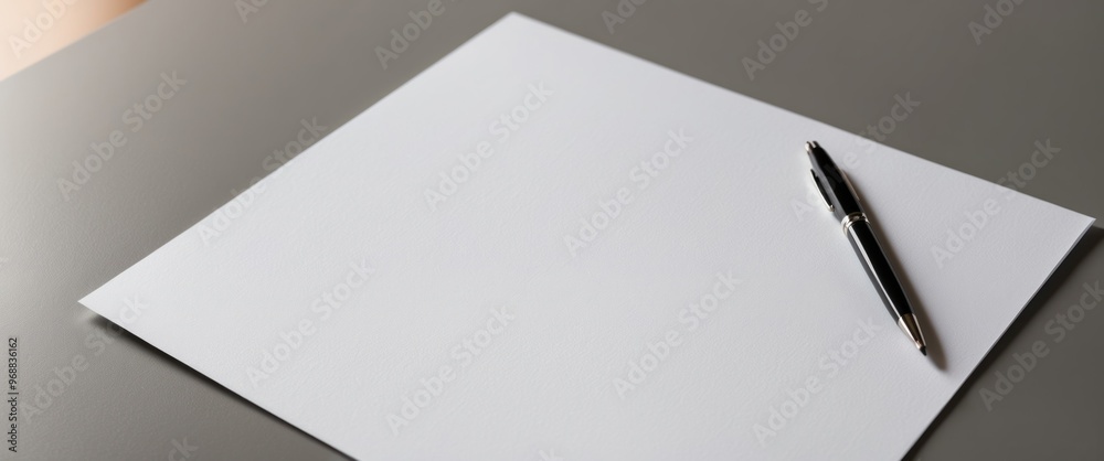 Blank paper with a pen on a clean desk suitable for writing, brainstorming, or planning ideas in a minimalist workspace Blank paper with a pen on a clean desk suitable for writing, brainstorming, or planning ideas in a minimalist workspace
