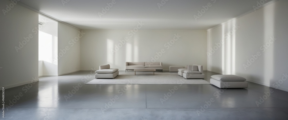Spacious minimalistic living room featuring modern furniture, neutral tones, and natural light, ideal for creating a serene and inviting atmosphere Spacious minimalistic living room featuring modern furniture, neutral tones, and natural light, ideal for creating a serene and inviting atmosphere