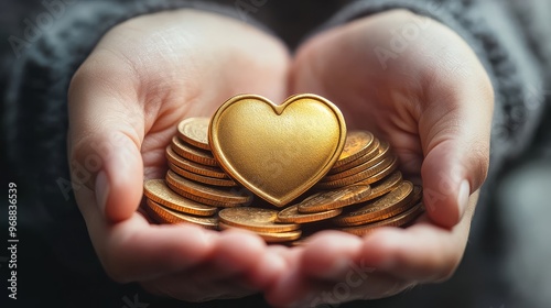 Golden Heart and Coins in Hands   Charity  Donation  Wealth  Success