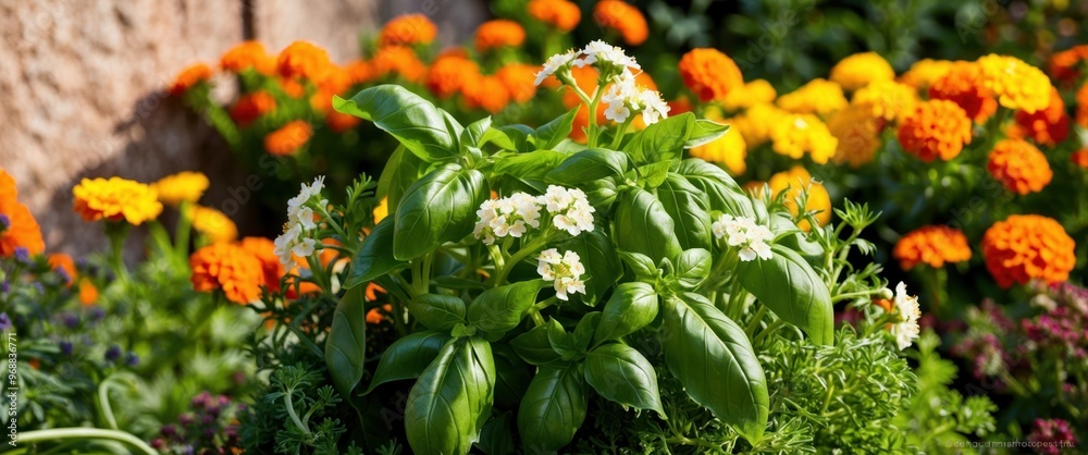 Vibrant garden scene featuring basil and marigold flowers, showcasing colorful blooms and healthy greenery, perfect for horticultural inspiration Vibrant garden scene featuring basil and marigold flowers, showcasing colorful blooms and healthy greenery, perfect for horticultural inspiration