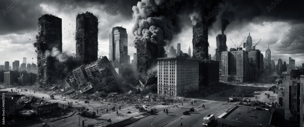 A dramatic scene of urban destruction featuring collapsing skyscrapers, heavy smoke, and remnants of a once vibrant city amid chaos A dramatic scene of urban destruction featuring collapsing skyscrapers, heavy smoke, and remnants of a once vibrant city amid chaos
