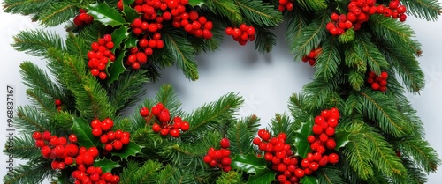 Christmas wreath made of evergreen branches and red berries, symbolizing festive spirit and seasonal celebrations Perfect for home decoration