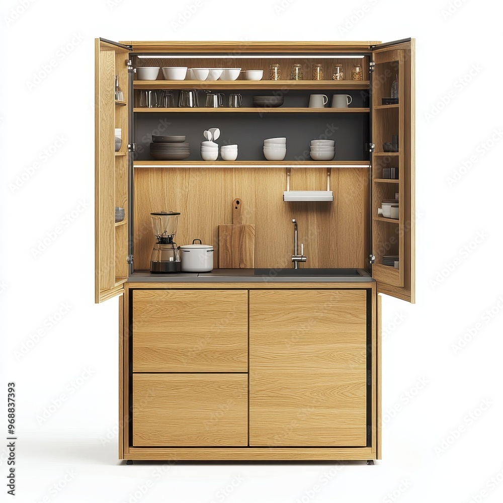 Modern wooden kitchen cabinet with open shelves and a countertop for food preparation. Modern wooden kitchen cabinet with open shelves and a countertop for food preparation.