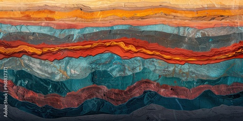 A vivid cross-section of layered earth showcasing colorful geological formations in a stunning display of textures and hues