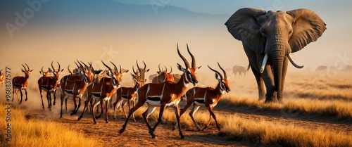 Majestic elephant accompanied by a herd of antelope in an African savanna during sunset, showcasing wildlife migration and ecological beauty