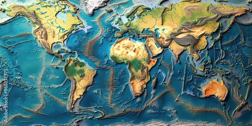 Detailed illustration of Earth's tectonic plates depicted on a world map showcasing geological structures and boundaries photo