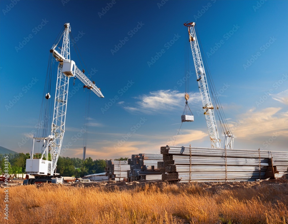Cranes Lifting Steel Beams at Construction Site with Full Depth of Fields Cranes Lifting Steel Beams at Construction Site with Full Depth of Fields
