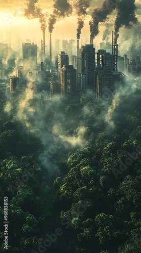 Industrial Cityscape and Forest: Smoke Plumes Rising Over Trees at Dawn