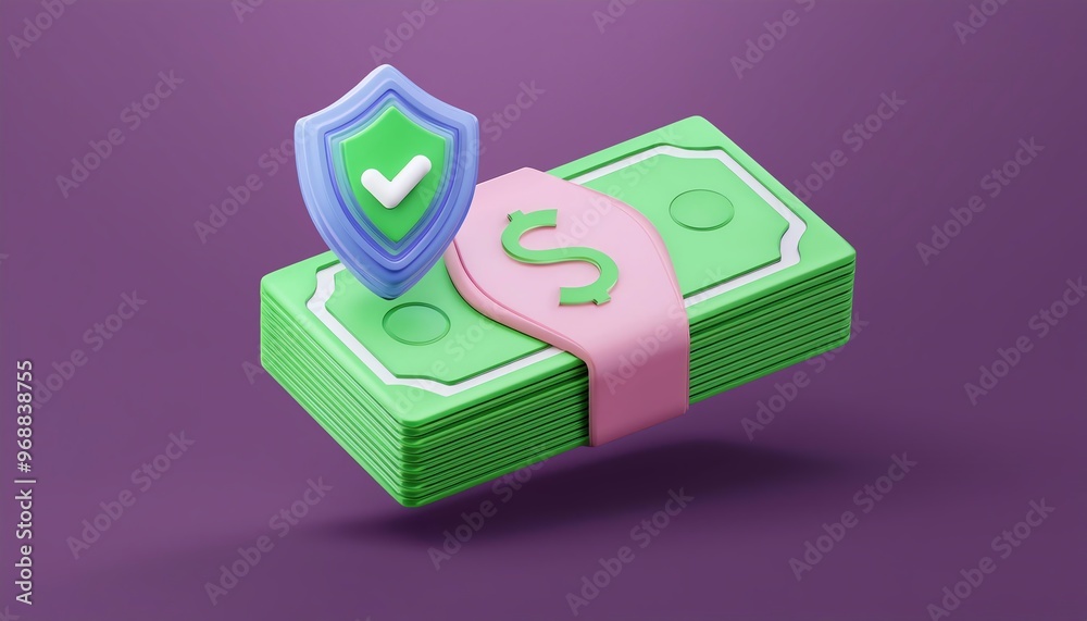 A stylized stack of green money with a pink band, accompanied by a shield symbolizing financial security and trust. A stylized stack of green money with a pink band, accompanied by a shield symbolizing financial security and trust.