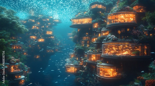 Photorealistic image of an underwater city built from coral and glass illuminated by soft bioluminescence from sea creatures with schools of fish swimming by photo