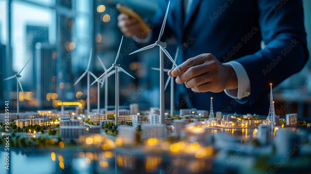 A businessman working with wind turbine models. A businessman working with wind turbine models.
