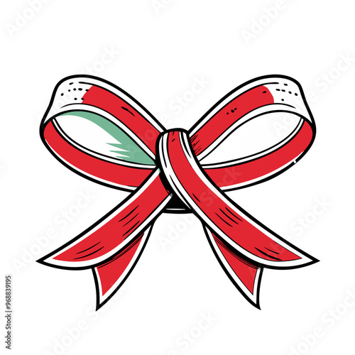 Hand Drawn Red Bow with White Trim: Hand-drawn illustration of a red bow with white trim, perfect for adding a touch of elegance and charm to your designs. 