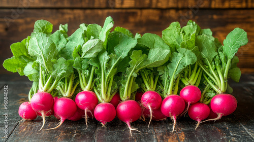Wallpaper Mural Fresh radishes with vibrant green leaves arranged in a row on a rustic wooden table Torontodigital.ca