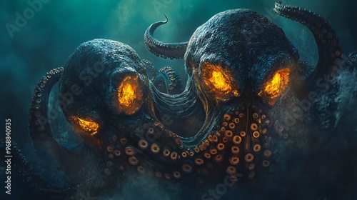 Underwater horror: Giant kraken octopus and vampire squid, realistic 3D digital artwork, deep sea alien creature, creative cartoon illustration. photo