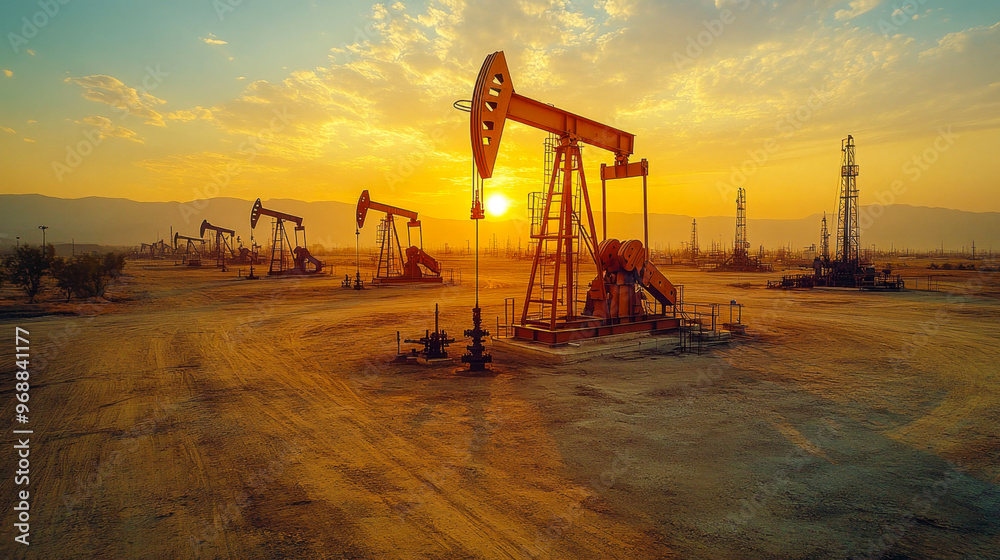 Large oilfield with oil pumps extracting crude oil from the ground Large oilfield with oil pumps extracting crude oil from the ground