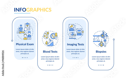 Cancer diagnostics rectangle infographic vector. Medical imaging and exam. Biopsy, blood test. Data visualization with 4 steps. Editable rectangular options chart. Lato-Bold, Regular fonts used