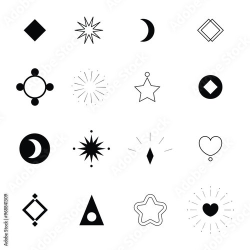 Abstract graphic black and white. Elements of star, sparkle and heart for predictation, astrology and illustration photo