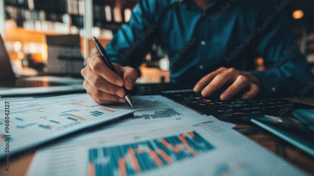 Closeup of a Person's Hand Analyzing Financial Data with a Pen and Calculator Closeup of a Person's Hand Analyzing Financial Data with a Pen and Calculator