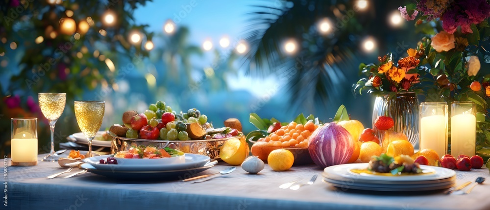 A beautifully arranged outdoor dining table with vibrant fruits, candles, and stunning decorations, perfect for gatherings. A beautifully arranged outdoor dining table with vibrant fruits, candles, and stunning decorations, perfect for gatherings.