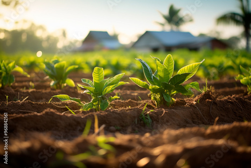 Extensive farmland at sunrise with sprouts and seedlings emerging from plowed soil