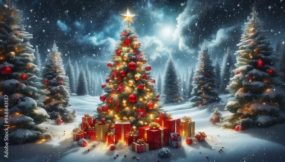 Obraz premium A beautifully decorated christmas tree adorned with red and gold ornaments and topped with a bright star stands in a snowy landscape