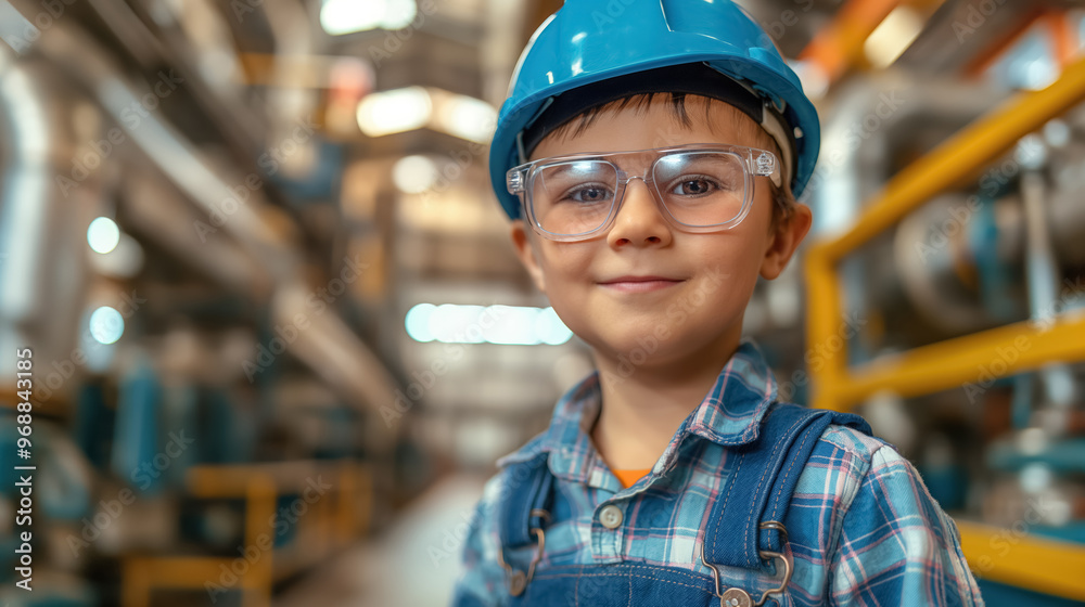 Young boy dressed as a worker in a factory setting, wearing a blue hard hat and safety glasses, smiling confidently. Young boy dressed as a worker in a factory setting, wearing a blue hard hat and safety glasses, smiling confidently.