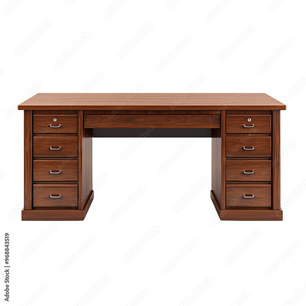 Elegant wooden desk with multiple drawers, perfect for office use or home workspace settings. Elegant wooden desk with multiple drawers, perfect for office use or home workspace settings.