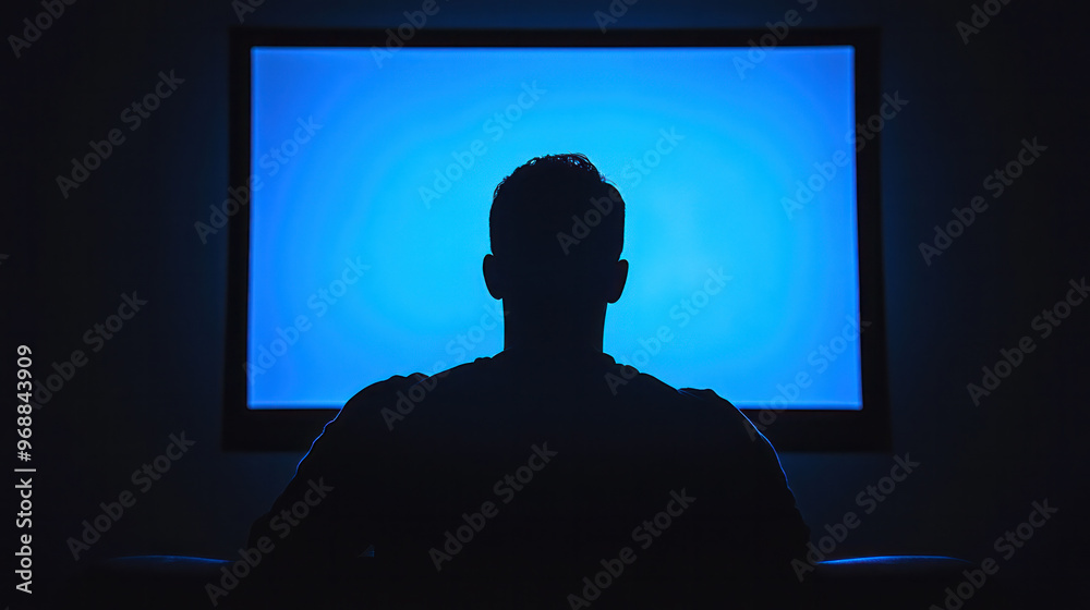 A man is sitting in front of a television screen that is turned off. The man is looking at the screen, but it is dark and the screen is black. Scene is one of loneliness and isolation A man is sitting in front of a television screen that is turned off. The man is looking at the screen, but it is dark and the screen is black. Scene is one of loneliness and isolation