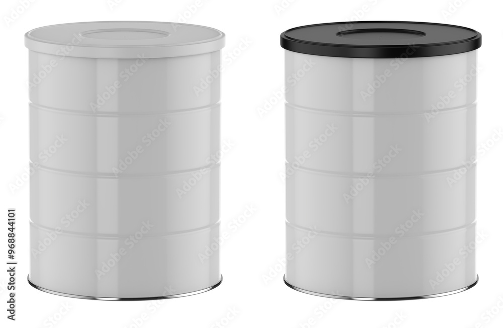 Baby powder tin can, milk powder tin, white with black lid, front view Baby powder tin can, milk powder tin, white with black lid, front view