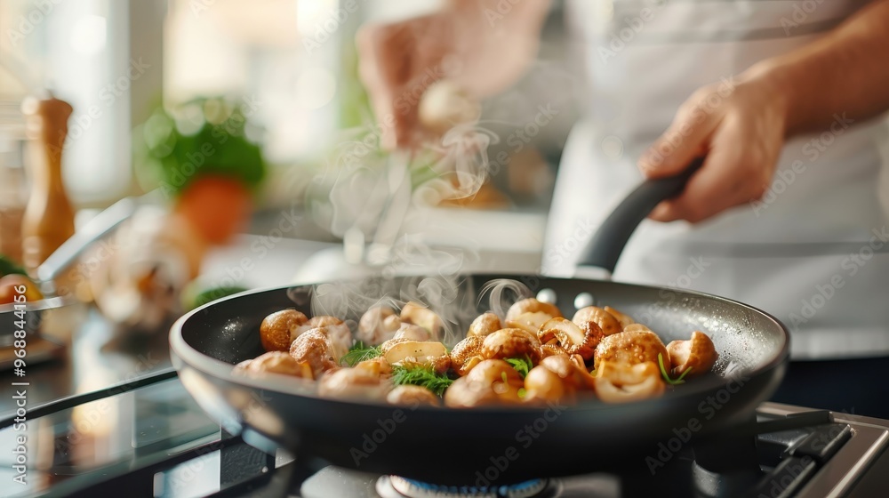 Cremini mushrooms sautéing in a pan, with steam and caramelization effects. Cremini mushrooms sautéing in a pan, with steam and caramelization effects.
