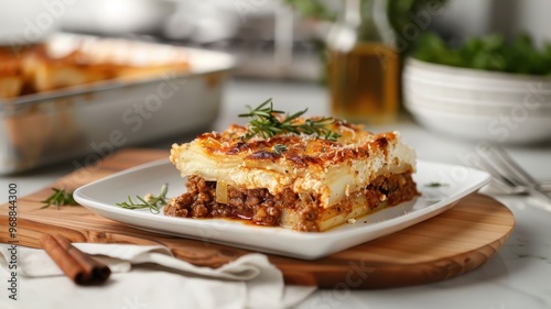 A platter of Greek moussaka with layers of eggplant, potatoes, lamb, and béchamel sauce.