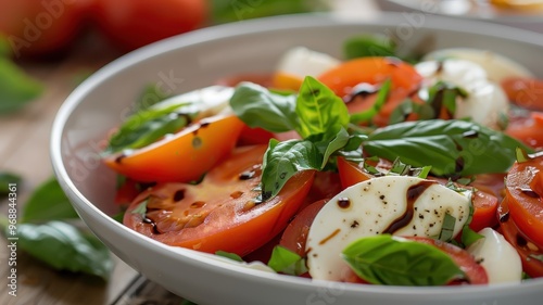 A colorful Caprese salad with tomatoes, mozzarella cheese, balsamic glaze, and basil.