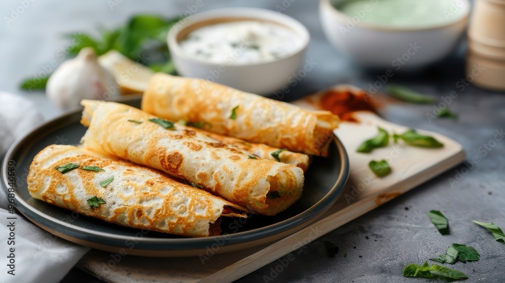 A crispy dosa filled with savory potato and onion masala, served with chutneys. A crispy dosa filled with savory potato and onion masala, served with chutneys.