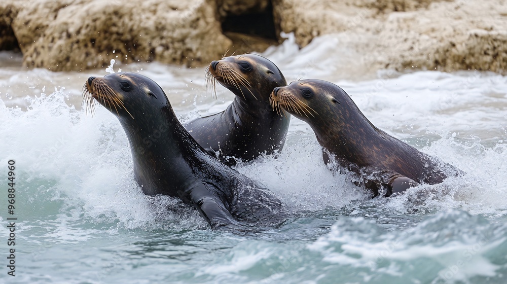 Fototapeta premium Three sea lions emerge from the ocean waves with their heads raised, looking towards the camera, against a backdrop of rocks.
