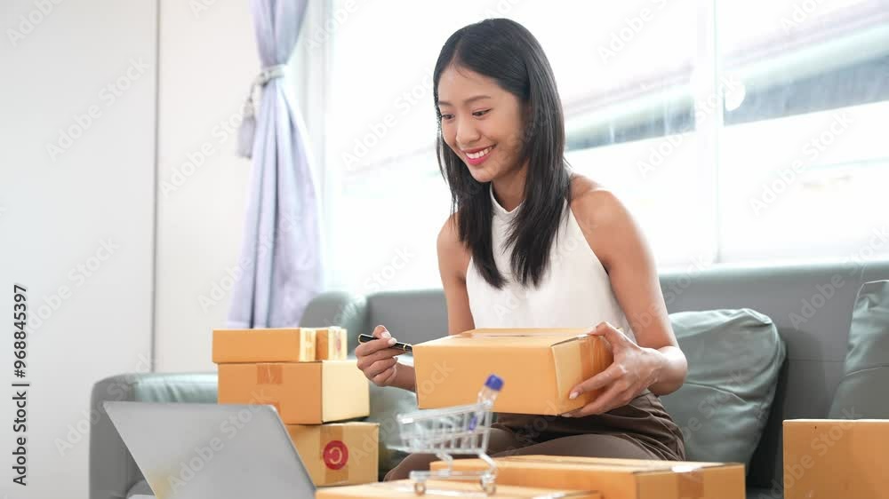 Female SME owner works on receipt boxes and checks online orders to prepare boxes to sell to customers. Female SME owner works on receipt boxes and checks online orders to prepare boxes to sell to customers.