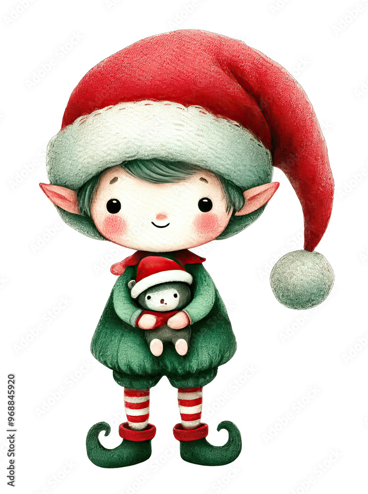 A charming elf character in festive attire, holding a small toy, perfect for holiday-themed designs and illustrations. A charming elf character in festive attire, holding a small toy, perfect for holiday-themed designs and illustrations.