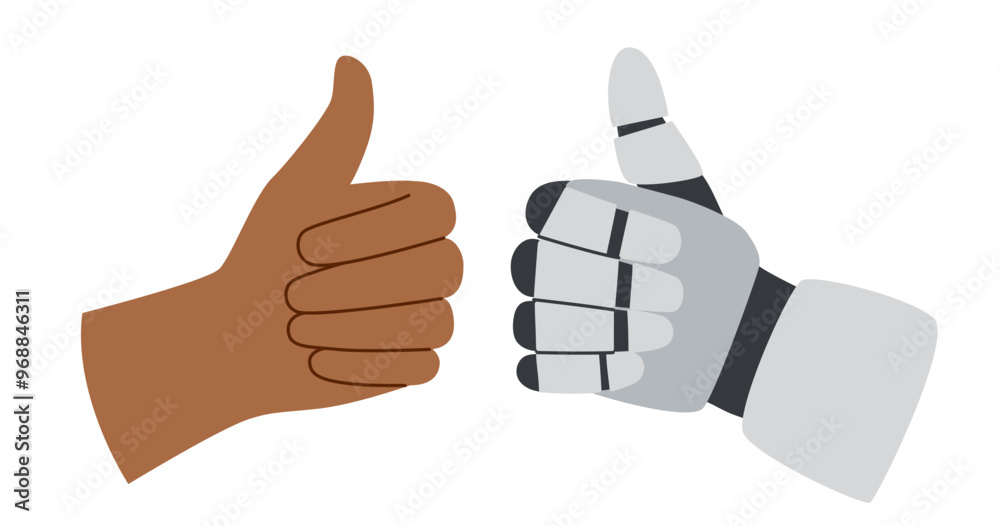 Technology concept. AI concept. Robots and human hands gestures showing thumb up isolated on white background. The concept of human-artificial intelligence interaction.