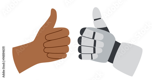 Technology concept. AI concept. Robots and human hands gestures showing thumb up isolated on white background. The concept of human-artificial intelligence interaction.