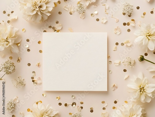 Elegant Floral Invitation Card with Golden Confetti on Beige Background for Anniversary