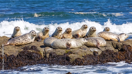 A group of harbor seals basking on a rocky shore with the ocean waves in the background.