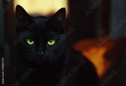 black cat ebony fur absorbing the warmth emerald eyes glowing in photo