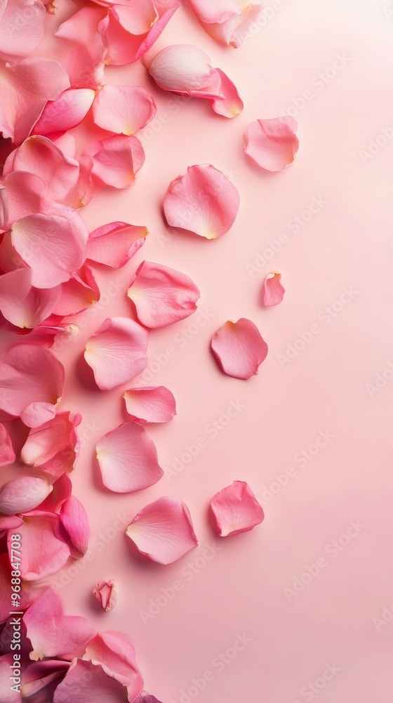 Pink rose petals on pale background, floral arrangement. Romantic elegance and beauty concept Pink rose petals on pale background, floral arrangement. Romantic elegance and beauty concept