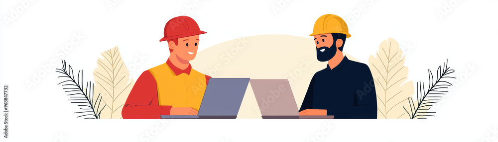 Engineers collaborating on infrastructure project, laptops and blueprints, flat design illustration Engineers collaborating on infrastructure project, laptops and blueprints, flat design illustration