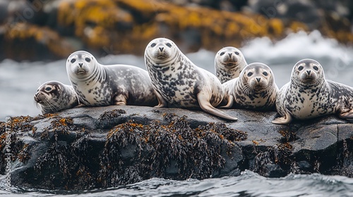 A group of six seals basking on a rocky outcrop in the ocean, with the waves crashing behind them.