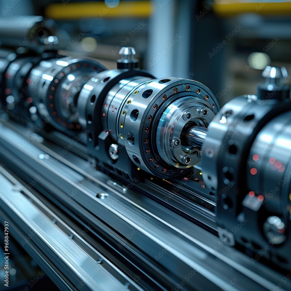 Close-up of a precision mechanical component showcasing intricate engineering and advanced technology in a manufacturing environment. Close-up of a precision mechanical component showcasing intricate engineering and advanced technology in a manufacturing environment.
