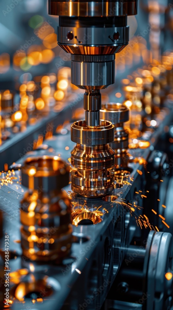Close-up of a precision machine tool cutting metal components in a factory, showcasing the ingenuity of modern manufacturing technology.